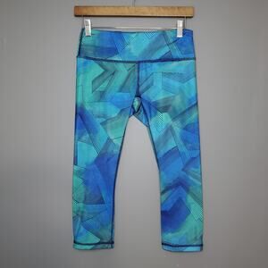 Reebok Blue Teal Geometric Line Print Crop Leggings Yoga Pants Womens Size S